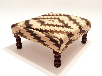 Brown And Beige Chevron Pattern Ottoman With Wooden Turned Legs And Padded Top 3d model