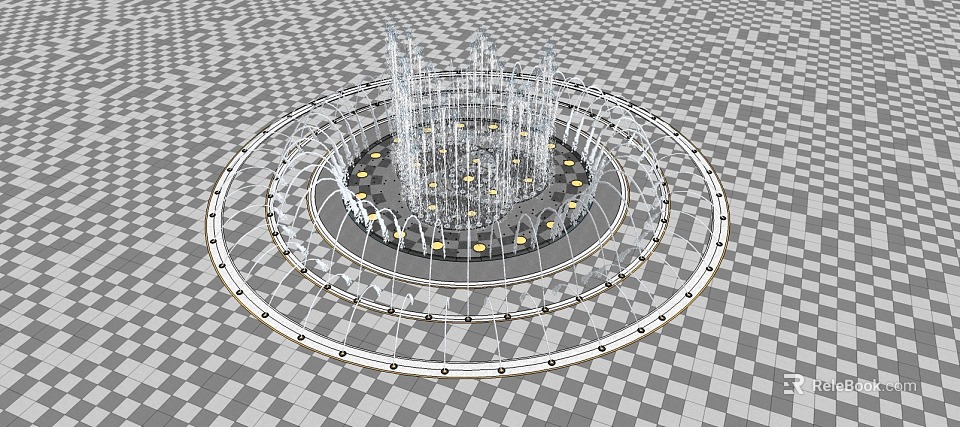 Circular Multi Tiered Fountain With Transparent Water Jets And Black White Checkered Floor 3d model 