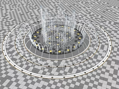 Circular Multi Tiered Fountain With Transparent Water Jets And Black White Checkered Floor 3d model