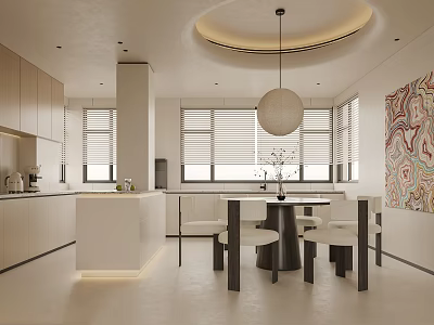 Modern Restaurant Open Layout With Dining Table Chairs Pendant Light Round Ceiling And Artwork 3d model