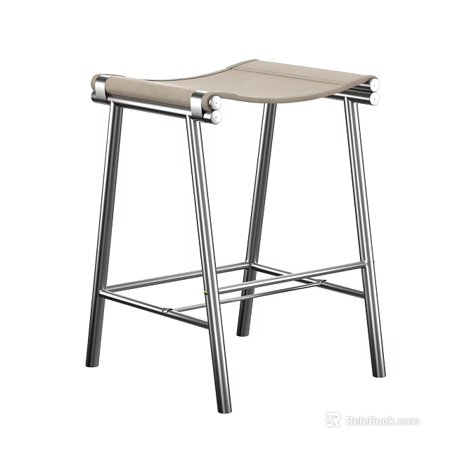 Modern Bar Stool With Stainless Steel Frame And Beige Leather Seat 3d model 