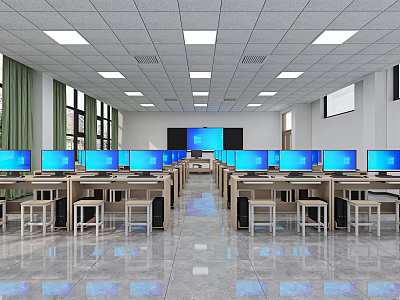 School Modern Computer Classroom With Multiple Computers Desks And Large Interactive Screen 3d model