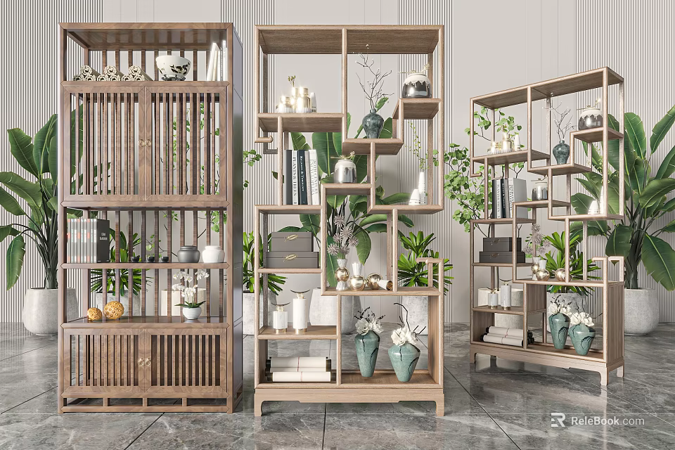 Stylish Wooden Multi Tiered Shelves For Garden Decor With Plants Vases And Decorative Items 3d model 