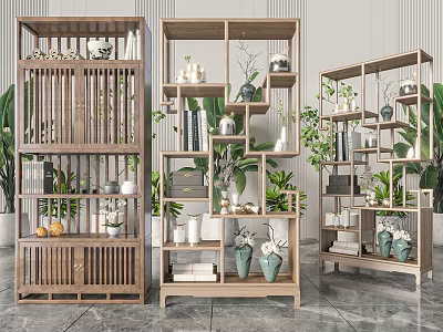 Stylish Wooden Multi Tiered Shelves For Garden Decor With Plants Vases And Decorative Items 3d model