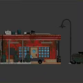 Red Roof Gas Station Building With Fuel Pumps Parked Car And Oil Drums