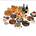 Assorted Fresh Foods Display With Apricots Apples Steak Salmon Cake And Wine Bottles