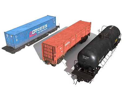 Industrial Railway Freight Equipment Featuring Blue Container Red Boxcar And Black Tank Car 3d model