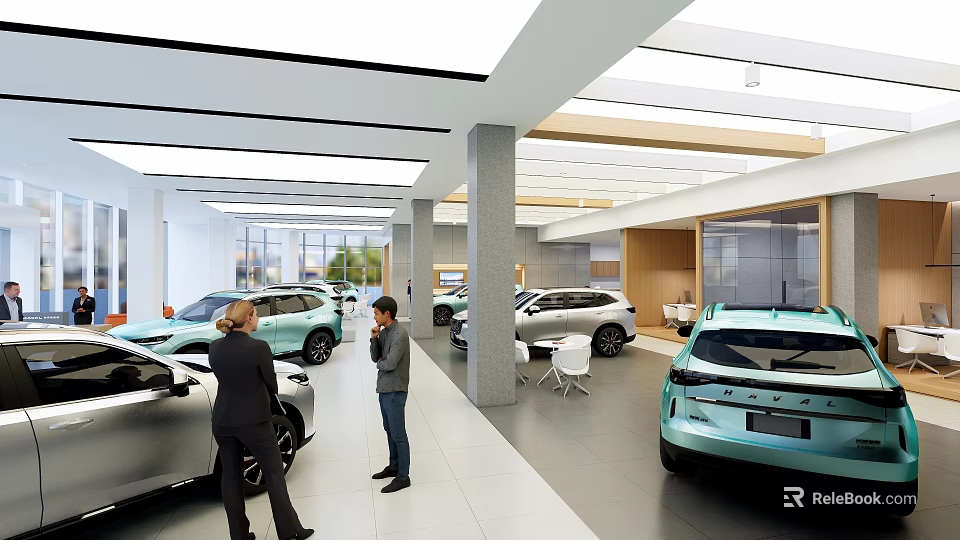 Modern 4S Shop Interior With Display Cars Customers And Bright Lighting 3d model 
