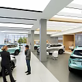 Modern 4S Shop Interior With Display Cars Customers And Bright Lighting