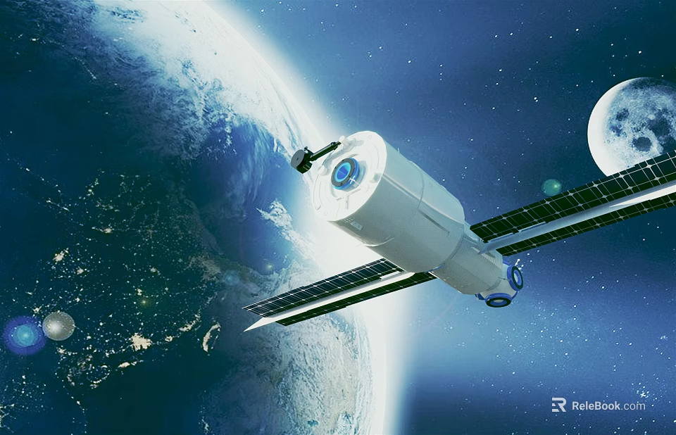 Satellite Orbiting Earth In Space With Solar Panels And Moon 3d model 