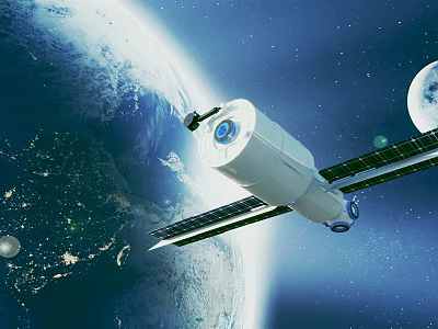 Satellite Orbiting Earth In Space With Solar Panels And Moon 3d model