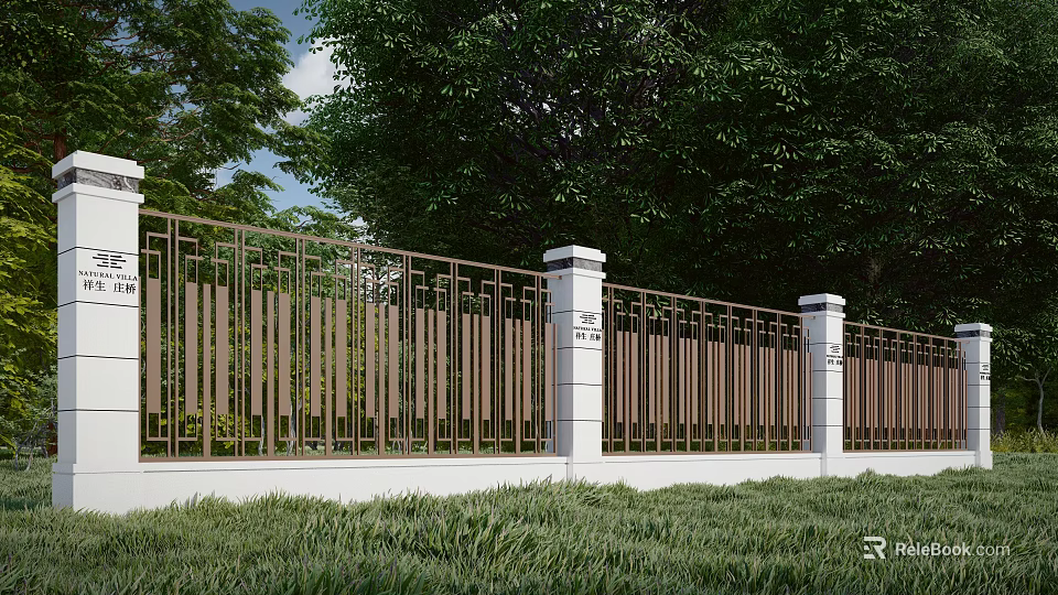 Modern Scenic Wall With Metal Railings White Pillars Green Trees And Grass 3d model 