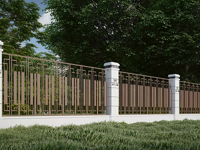 Modern Scenic Wall With Metal Railings White Pillars Green Trees And Grass 3d model