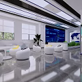 Modern Spacious Service Hall Interior With White Pillars Blue Counters And Electronic Screens
