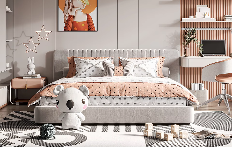Kids Bed With Gray Upholstered Headboard Geometric Pillows Orange Polka Dot Quilt And Star Decorations 3d model 