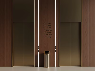 Modern Elevator Corridor Interior With Wooden Walls Golden Doors And Trash Bin 3d model