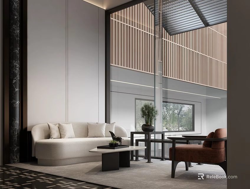 Modern Hotel Public Lounge Interior With Beige Sofa Wooden Decor Green Plant And Large Window 3d model 