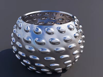 Shiny Silver Metal Bowl Shaped Decorative Ornament Set with Oval Protrusions 3d model