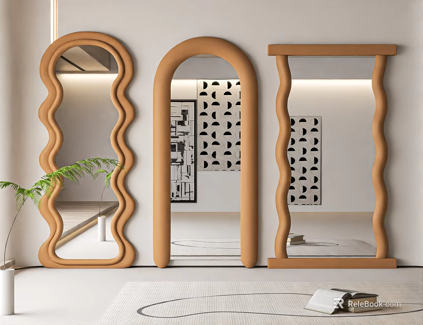 Modern Mirrors with Wavy Arched Shapes and Wooden Frames in Interior with Decorative Wall Art 3d model 