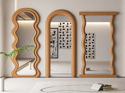 Modern Mirrors with Wavy Arched Shapes and Wooden Frames in Interior with Decorative Wall Art 3d model
