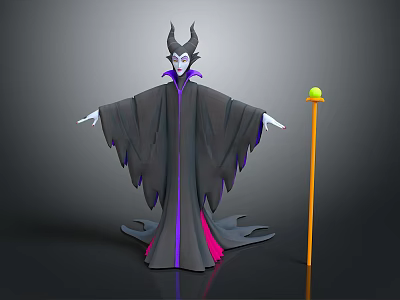 Mythical Woman With Horned Headdress In Dark Robe Holding Staff With Green Orb 3d model