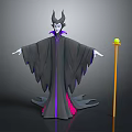Mythical Woman With Horned Headdress In Dark Robe Holding Staff With Green Orb