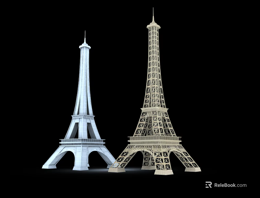 Two Eiffel Tower Model Structures White and Beige on Black Background 3d model