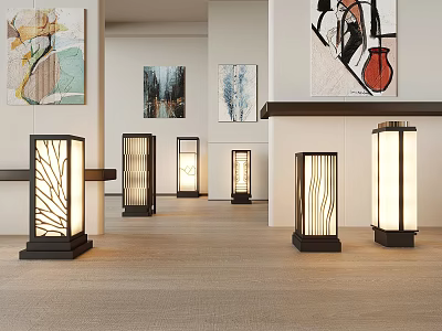 Modern Outdoor Lights With Textured Shades And Wooden Frames In Indoor Display With Artworks 3d model