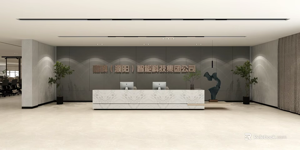Modern Office Front Desk Reception Area With Marble Counter Computers Green Plants And Sculpture Decor 3d model 