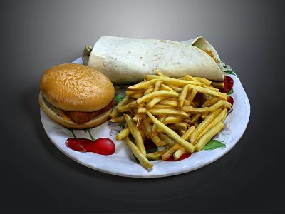 Fast Food Meal Plate With Hamburger French Fries Wrap And Cherries 3d model