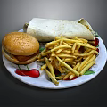 Fast Food Meal Plate With Hamburger French Fries Wrap And Cherries