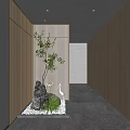 Indoor Landscape In Modern Hallway With Wooden Walls Stone Green Plants And White Pebbles