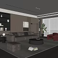 Modern Living Room Interior With Brown Leather Sofa Red Accent Chair And Round Coffee Table