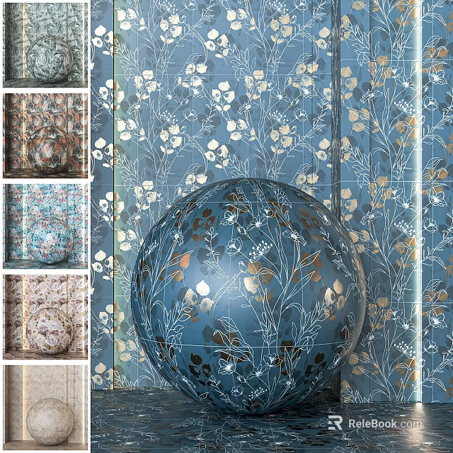 Blue Spherical Component With Gold Floral Patterns And Various Patterned Samples 3d model 