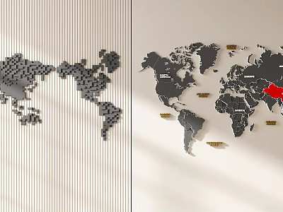 3D Block And Black World Map Wall Decor With Gold Markers And Country Names 3d model