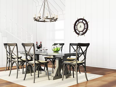 Rustic Dining Table Set With Cross Back Chairs And Candle Chandelier And Steering Wheel Clock 3d model