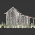 Small Residential House With Wooden Walls Red And Blue Striped Roof Surrounded By Green Grass