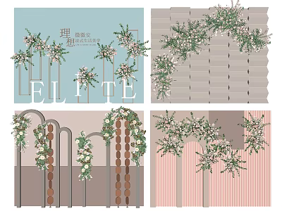 Elegant Floral Decor Scenes With Green White Flowers Wooden Panel Striped And Geometric Backdrops 3d model