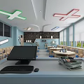 School Modern Computer Classroom With Desks Computers Blackboard Blue Walls And Windows 3d model