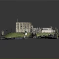 Ancient Architecture Model With Circular Layout Traditional Roofs Green Lawns And Stone Walls