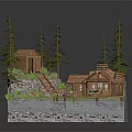 Log Cabin Surrounded by Pine Trees with Wooden Staircase Stone Base and Deck