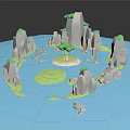 Cartoon Low Poly Landscape With Blue Water Gray Mountains Tall Green Tree And Central Island