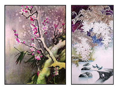 Botanical Paintings With Pink Blossom Branches White Flower Trees and Stream Featuring Ducks 3d model