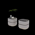 Modern Minimalist Bedside Tables with Light Beige Upholstery Marble Top and Decorative Plant in Vase