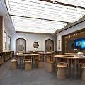 Bright Spacious School Cafeteria With Round Tables Stools TV Screen Wooden Wall Decor And Windows