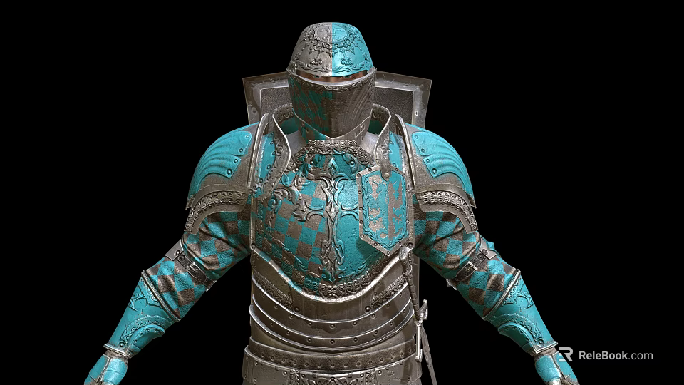 Man Dressed In Medieval Turquoise And Silver Armor With Intricate Designs 3d model 