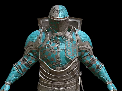 Man Dressed In Medieval Turquoise And Silver Armor With Intricate Designs 3d model