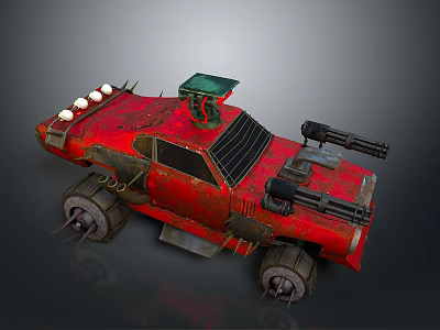 Red Modified Car With Mounted Guns Solar Panel Roof And Metal Armor Parts 3d model