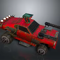Red Modified Car With Mounted Guns Solar Panel Roof And Metal Armor Parts