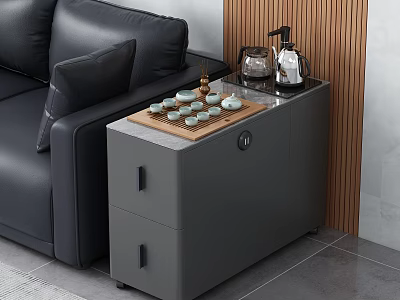 Elegant Modern Grey Side Cabinet With Tea Set Tray And Teapot Near Leather Sofa 3d model